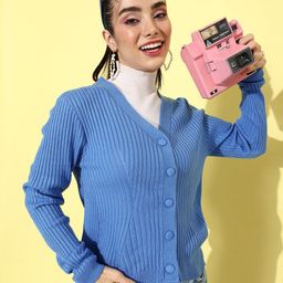 Mast & Harbour Ocean Blue V-Neck Solid Fascination Infatuation Body Hugs Cardigan-image-63