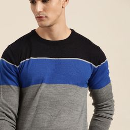 INVICTUS Men Grey Melange & Blue Colourblocked Pullover-image-99