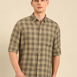 Linen Club Citylight Contemporary Slim Fit Gingham Checks Pure Linen Casual Shirt-picture-5