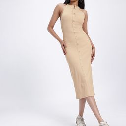 glitchez Ribbed Chic Mock Buttons Halter Neck Midi Bodycon Dress with Back Slit-image-60
