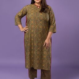 Sizeupp Printed Pure Cotton Plus Size Round Neck Top with Trousers Co-Ords-7