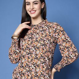 plusS Black & Orange-Coloured Floral Printed High Neck Smocked Regular Top-picture-25