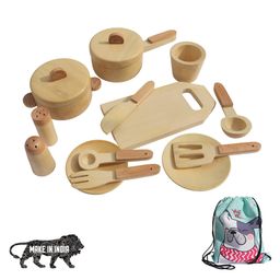 GELTOY Wooden Kitchen Set Premium Handmade Toys Natural Cooking Set Toy Kitchen Pretend Play Set Brown - 12 Pieces-15