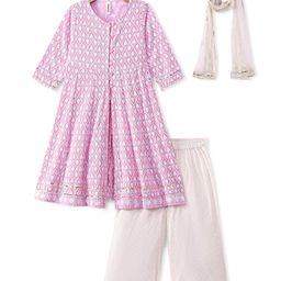 Babyhug Three Fourth Sleeve Schiffly Embroidered Front Open Kueri Palazo And Dupatta Set - Pink-18