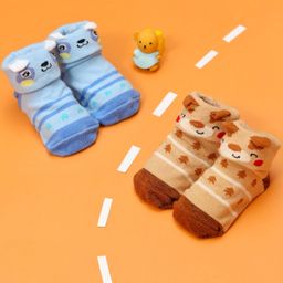 Yellow Bee Pack Of 2  Animal  Printed & Striped Detailed  Anti Skid Socks - Brown-image-44