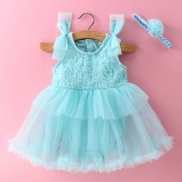 Mark & Mia Sleeveless Frock Style Onesie with Floral & Bow Detailing & Headband - Mint Blue-image-74