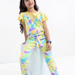 Ollington St. 100% Cotton Knit Abstract Printed Dungaree with Half Sleeves Top - Yellow & Multicolor-image-33