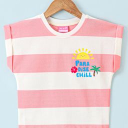 Little Kangaroos Cotton Knit Sleeveless T-Shirt Striped & Text Print - Orange & White-image-50