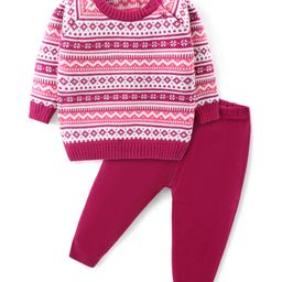Babyhug Knitted Full Sleeves Pullover Sweater Set with Aztec Design - Pink-image-38