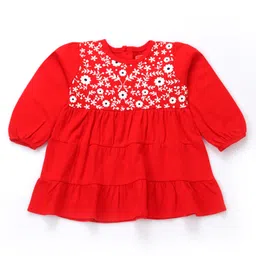 Babyhug Single Jersey Knit Full Sleeves Tiered Frock Floral Print - Red-picture-23