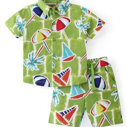 Babyhug Cotton Knit Half Sleeves Shirt & Shorts Co-Ord Set With Beach Theme Print - Green-image-89