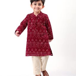 Babyhug Woven Full Sleeves Floral Sequin Embroidered Kurta Pyjama Set - Maroon-image-42