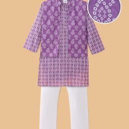Teentaare Cotton Woven Full Sleeves Bandhani Printed Kurta Pyjama Set with Jacket - Purple-picture-3