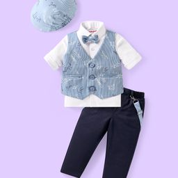 Babyhug Woven Full Sleeves Text Printed 3 Piece Party Suit with Bow Suspender & Hat - Light Blue-image-16