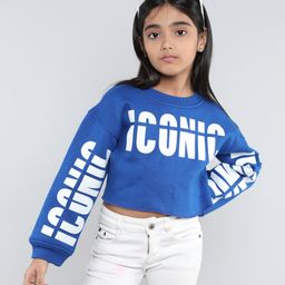 Taffykids Looper Full Sleeves Iconic Text Printed Crop Sweatshirt Top - Blue-picture-5