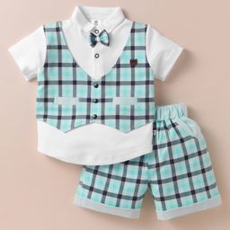 Mini Taurus Cotton Knit Half Sleeves Attached Waistcoat Shirt & Shorts Set with Checks & Bow Applique - Mint-picture-35