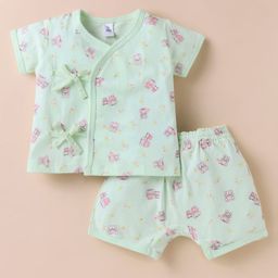 ToffyHouse Single Jersey Knit Half Sleeves Co-ords Shorts Night Suit with Bear Print - Light Green-image-92