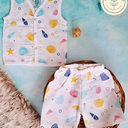 A Toddler Thing 100% Muslin Organic Cotton Sleeveless Sea Shells Printed Jabla & Coordinating Shorts Set - White-image-54