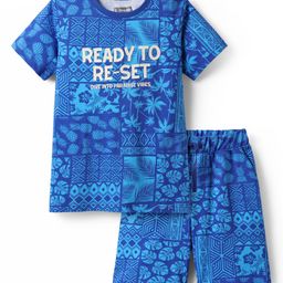 Pine Kids Single Jersey Knit Half Sleeves Co-ords Shorts Night Suit With Tropical Theme Print - Blue-picture-28