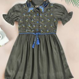 Bella Moda Cotton Half Puffed Sleeves Honey Bee Embroidered Dress - Green-image-98