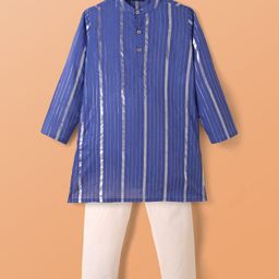 Pine Kids Woven Full Sleeves Kurta Pyjama Set with Stripes - Blue & White-image-94