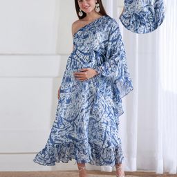 Shades of Sabi Georgette One Shoulder Full Batwing Sleeves Abstract Printed Maternity Kaftan Dress With Nursing Access - Blue-image-50