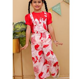 AJ Dezines Cotton Woven Pomegranate & Leaves Printed Dungaree With Half Puffed Sleeves Top Set - Red-image-35