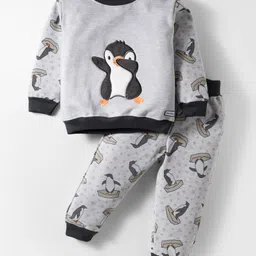 Little Darlings Fleece Knit Full Sleeves Winter Night Suit with Penguin Print & Embroidery - Grey-picture-43