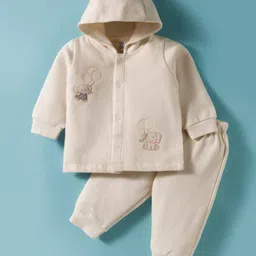 I Bears Fleece Knit Full Sleeves Hooded Winter Wear T-Shirt & Joggers Set with Animal Patch Embroidery - Beige-picture-16