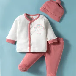I Bears Knitted Full Sleeves Footed Night Suit with Cap & Animal Print - Pink-picture-27