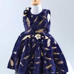 Enfance Sleeveless Feathers Foil Printed & Floral Applique Detailed Knee Length Dress - Navy Blue-picture-14