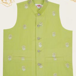 Little Bansi Cotton Woven Sleeveless Floral Foil Printed Nehru Jacket - Green-picture-36