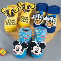 Yellow Bee Disney Pack Of 3 Cotton Mickey Mouse, Donald Duck & Simba Applique Detailed 3D Socks - Multi Color-picture-34