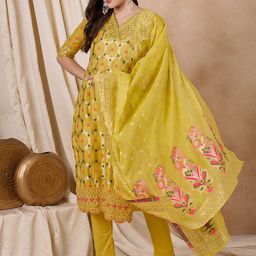 KAVINDI Regular Mirror Work Chanderi Cotton Straight Kurta with Trousers & Dupatta-image-4