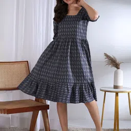 Tzelynn Women Ethnic Motifs Printed Square Neck Fit & Flare Knee Length Dress-image-94