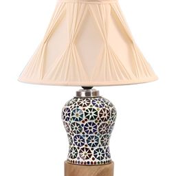 Devansh White Printed Wooden Frustum Shaped Table Lamp With Mosaic Glass Base image 2