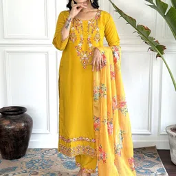 KALINI Ethnic Motifs Embroidered Chanderi Silk Straight Kurta With Trouser & Dupatta-image-99