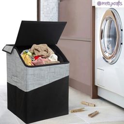 PrettyKrafts Laundry Square Shape Basket Bag,Foldable,Multipurpose,Carry Handles,Slanting Lid for Home, Cloth Storage,Single Jute Black image 4