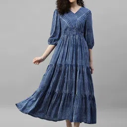 Femvy Women Striped Printed V-Neck Regular Sleeves Maxi Fit & Flare Dress-image-24