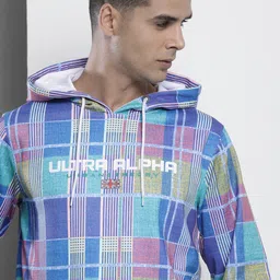 The Indian Garage Co Men Blue Checked Hooded Sweatshirt-picture-27