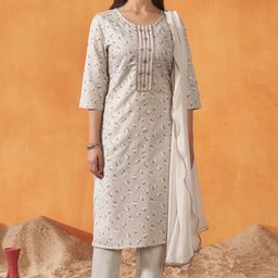 Anouk Floral Printed Thread Work Round Neck Kurta With Trousers And Dupatta-image-88