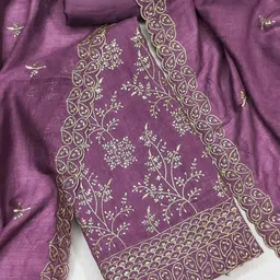 peachmode Lavender Sequins and Thread Embroidery Unstitched Vichitra Silk Dress Material-picture-42