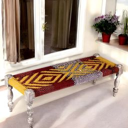 Ikiriya Red & Yellow Textured Sheesham Wood Vintage 3-Seater Maachi Bench-8
