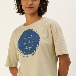 Flying Machine Women Beige Printed Round Neck Pure Cotton T-shirt-picture-31