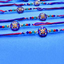 ORANGENYSHA Set Of 6 Beaded Cotton Thread Rakhis With Rholi Chawal-image-62