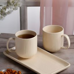 Myntra Elegant Homes Cream 2 Pieces Striped Glossy Ceramic Mugs With Tray-44