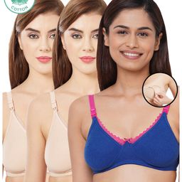 Inner Sense Pack Of 3 Organic Antimicrobial Laced Soft Nursing Bra - Blue & Cream-image-63