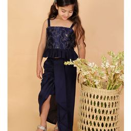 Vastramay Sleeveless Floral Embroidered Peplum Top With Dhoti Mock Styled Front Slit Lehenga - Navy Blue-image-83