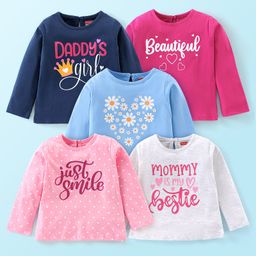 Babyhug Cotton Knit Full Sleeves T-Shirts Text & Floral Print Pack of 5 - Blue Pink & White-picture-30
