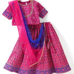 Babyhug Three Fourth Sleeves  Embroidered Choli with Banarsi Brocade Lehenga and Dupatta - Fuschia-image-52